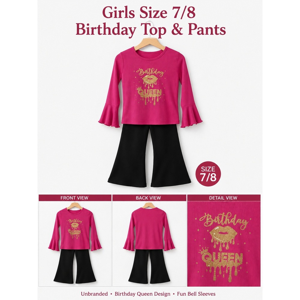Unbranded Girls Pink Birthday Queen Bell Sleeve Top Black Flare Pants Set 7/8